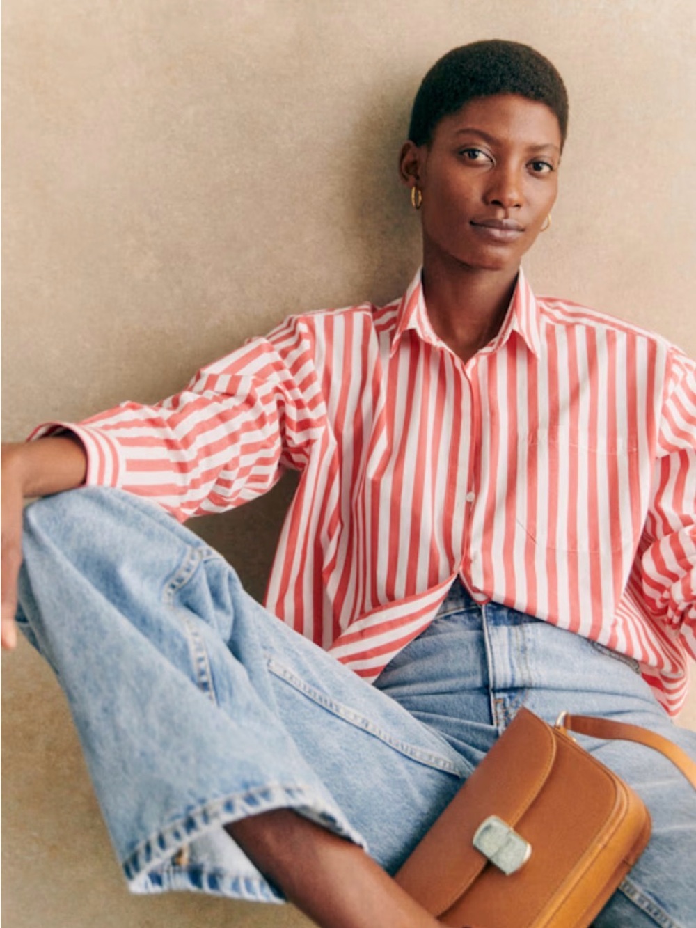 Sezane Red and White Striped Button-Down Shirt